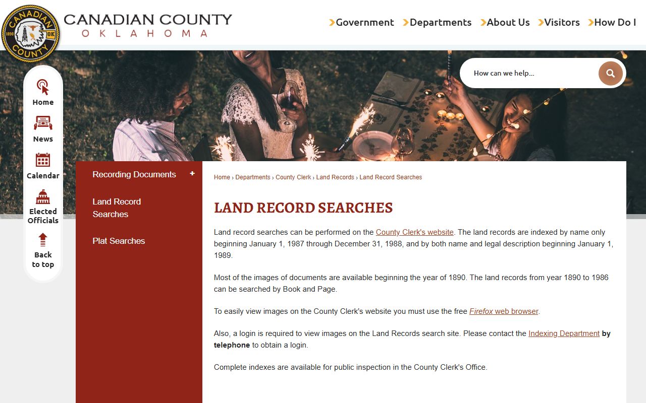 Canadian County Clerk land record search page for public records