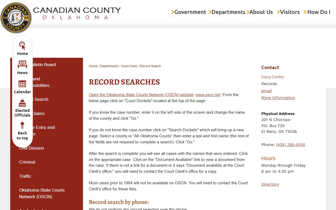 Canadian County Court Clerk record search and copy fee information