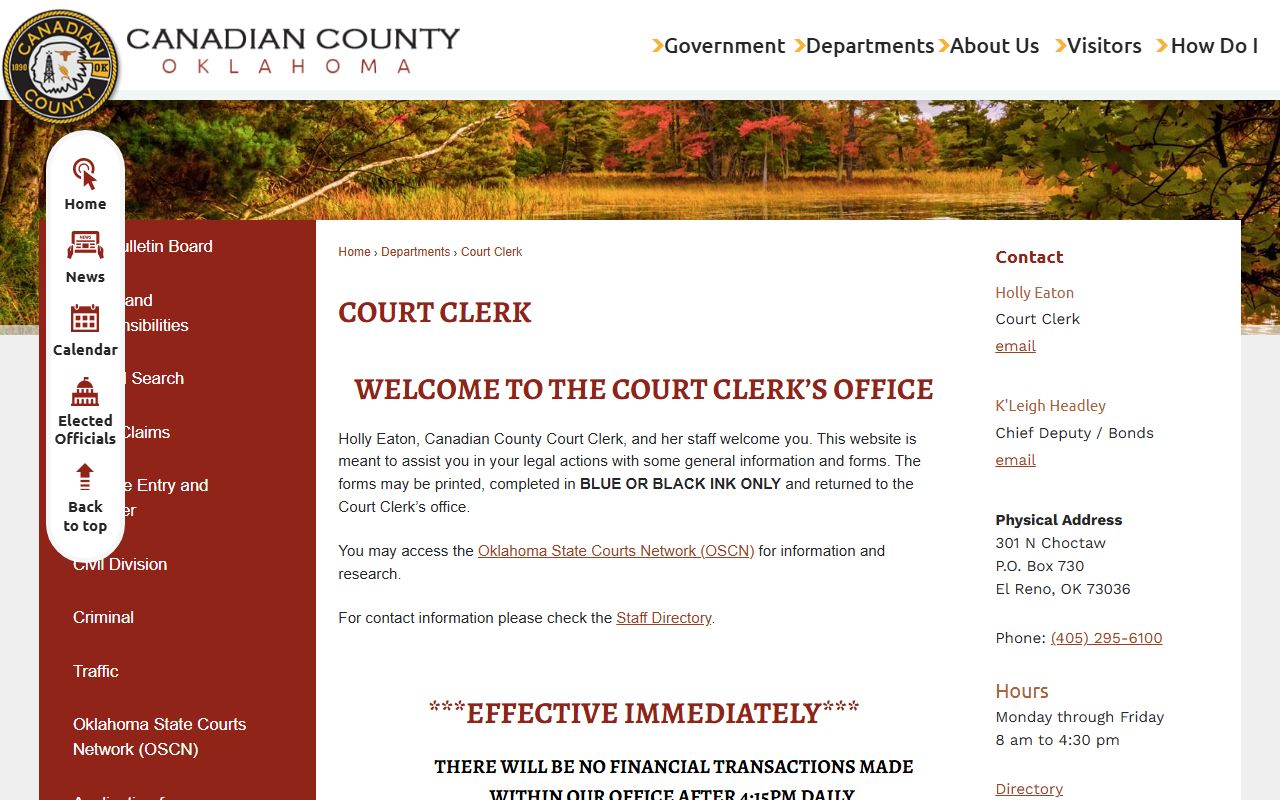 Canadian County Court Clerk page for court records search