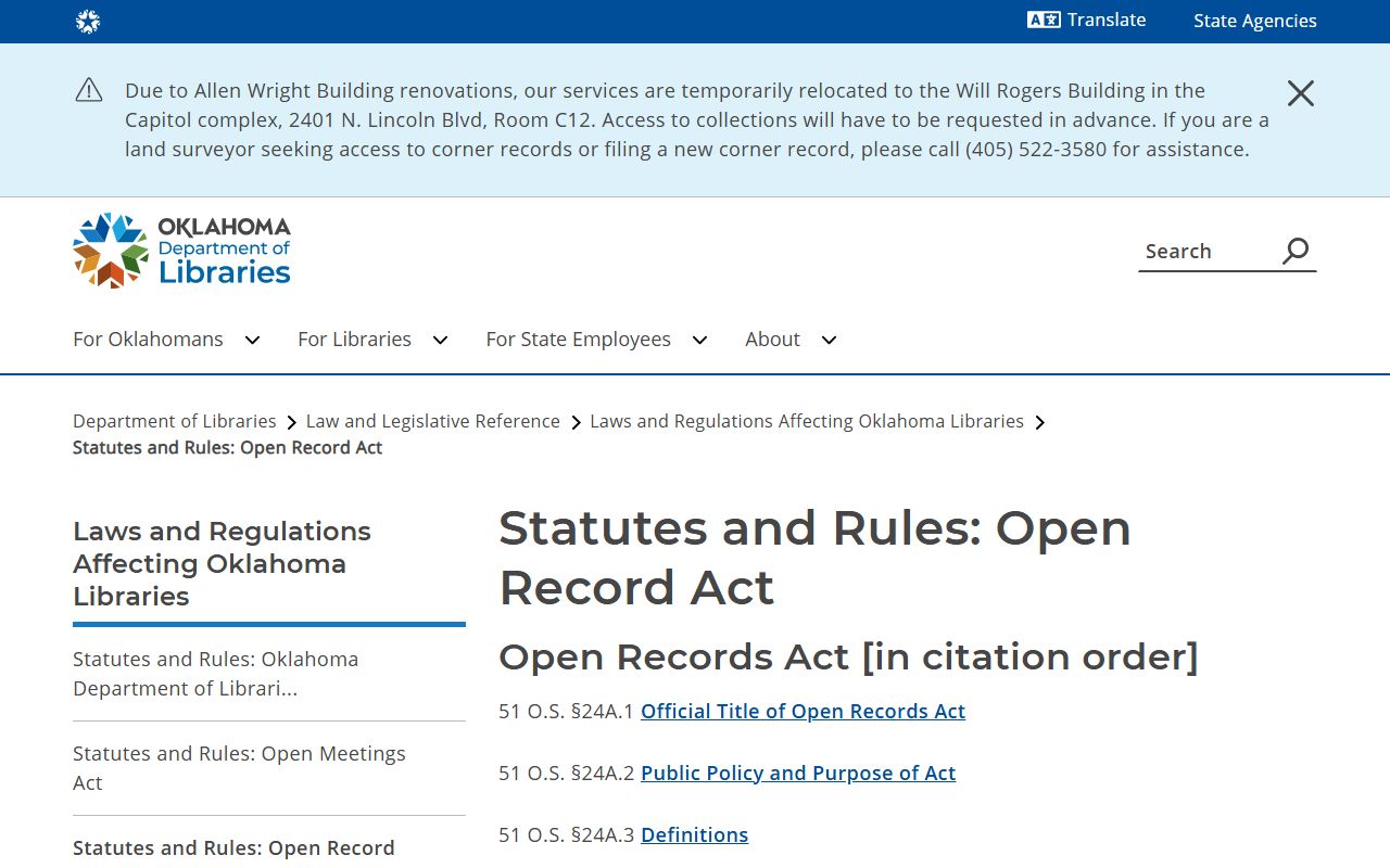 Oklahoma Open Records Act sections for Canadian County court records access