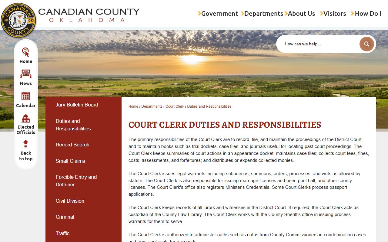 Canadian County Court Clerk duties and responsibilities for court records