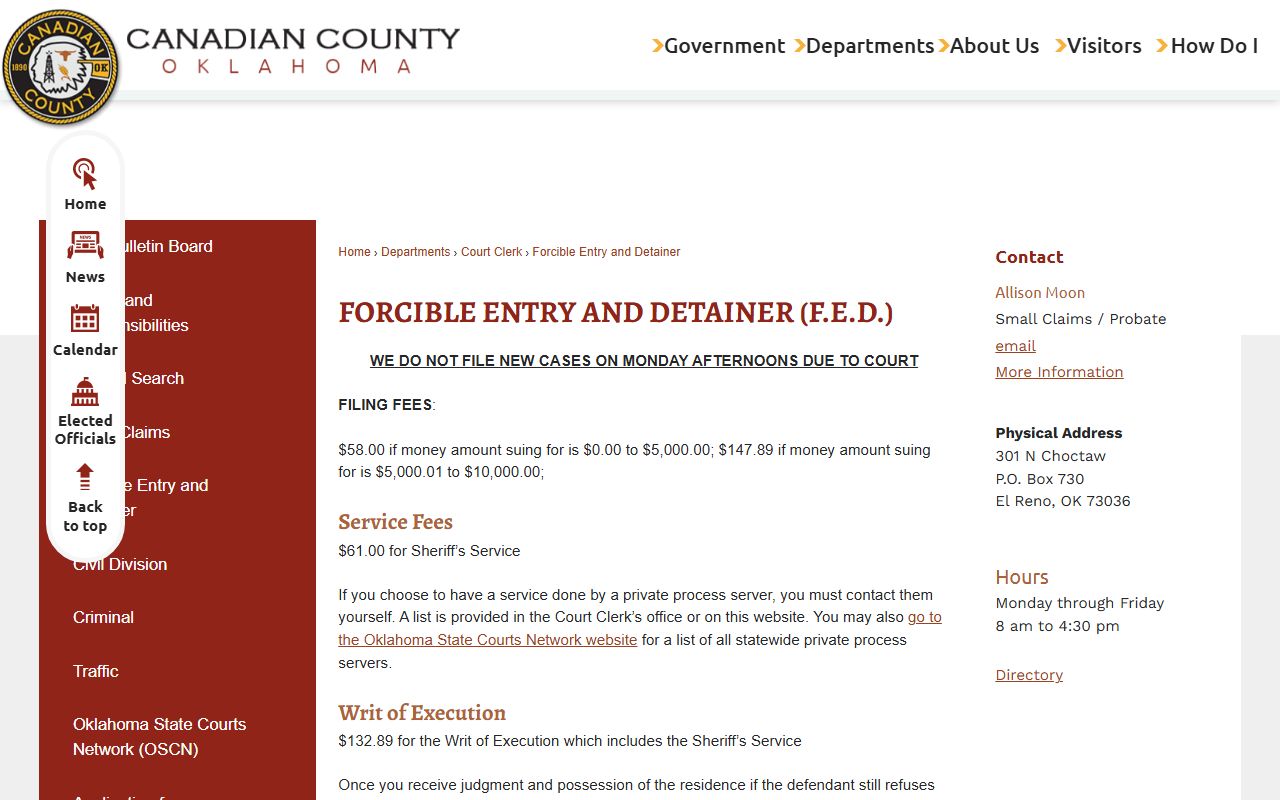 Canadian County Court Clerk forcible entry and detainer eviction fees