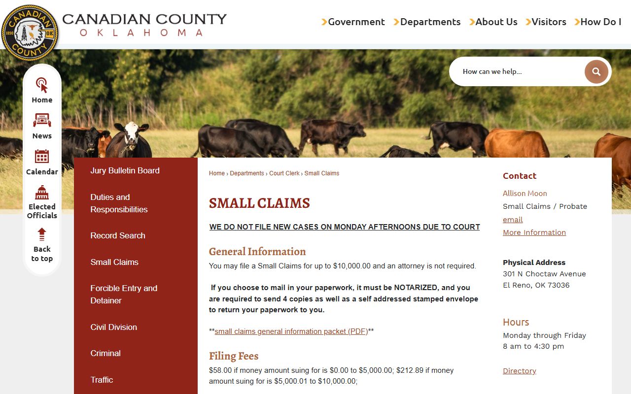 Canadian County Court Clerk small claims filing fees and forms