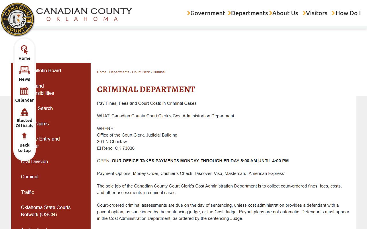 Canadian County arrest records criminal department payment instructions