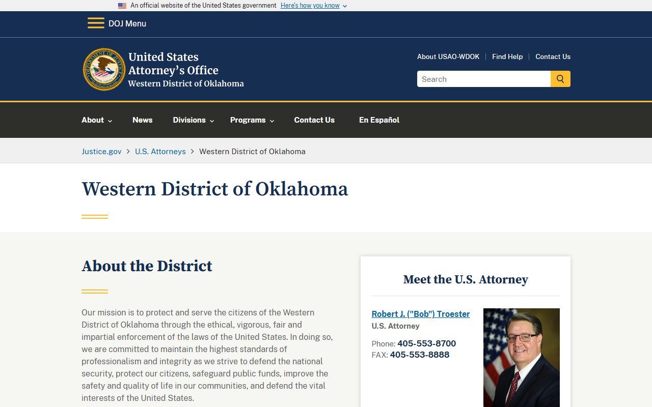 Canadian County inmate population federal oversight U.S. Attorney Western District of Oklahoma
