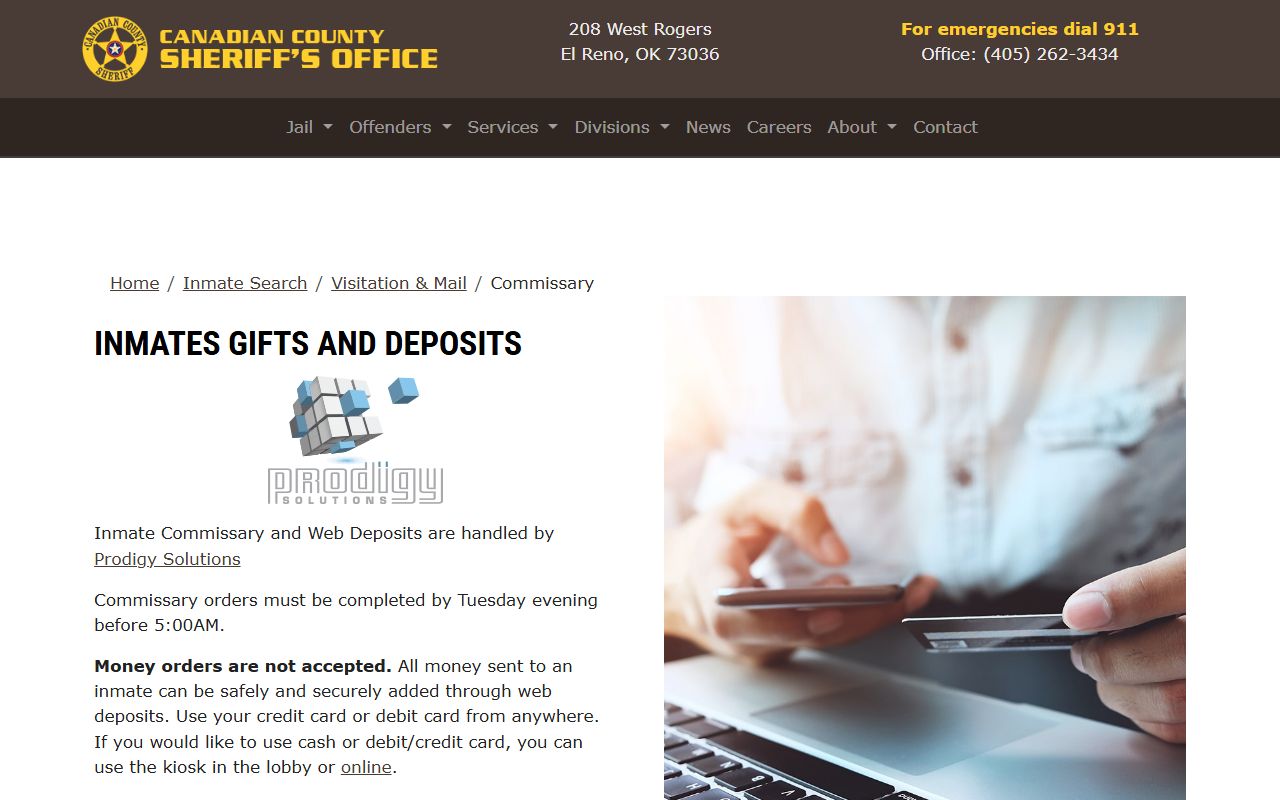Canadian County inmate commissary and web deposit information from ccsheriff.net
