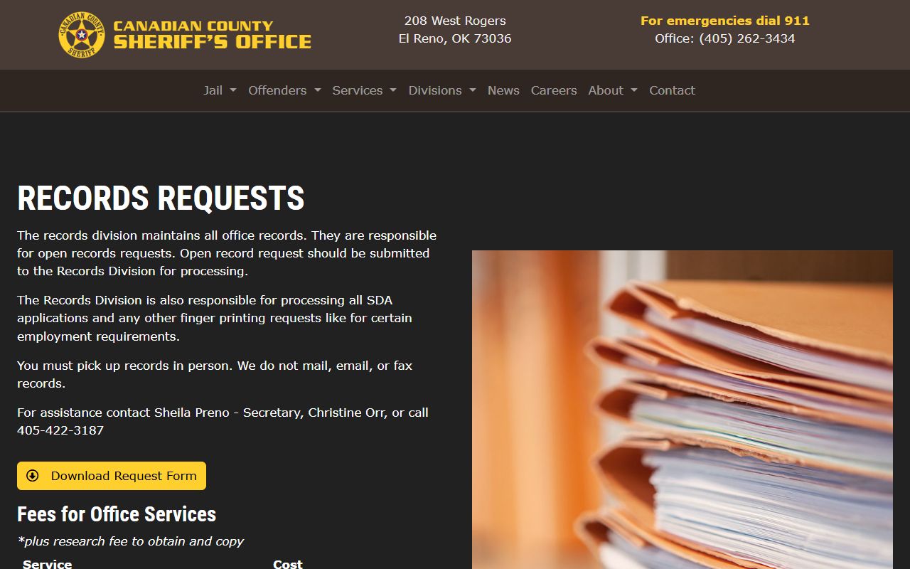 Canadian County inmate search records division page at the Sheriff's Office