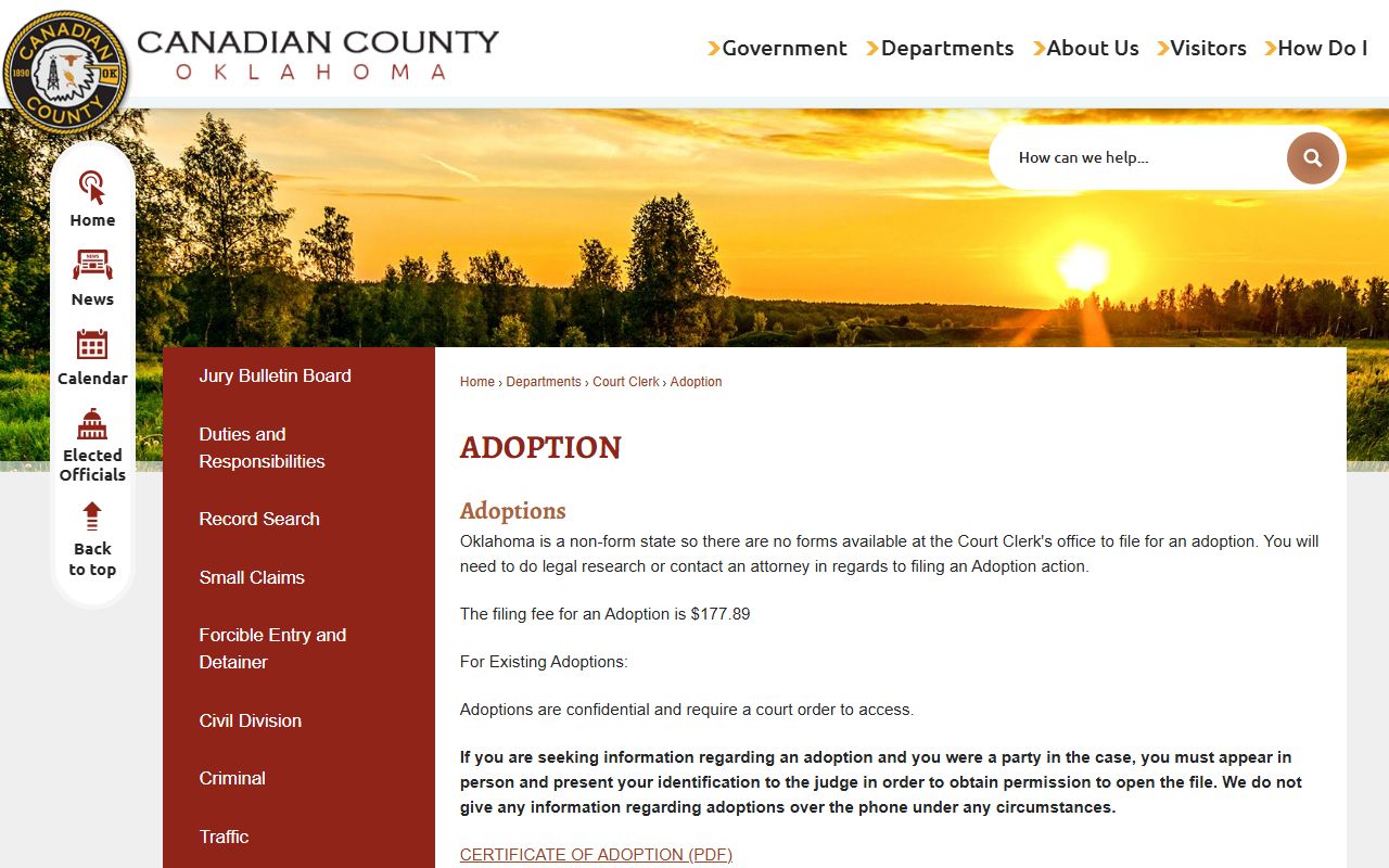Canadian County adoption filing confidentiality and court records notice