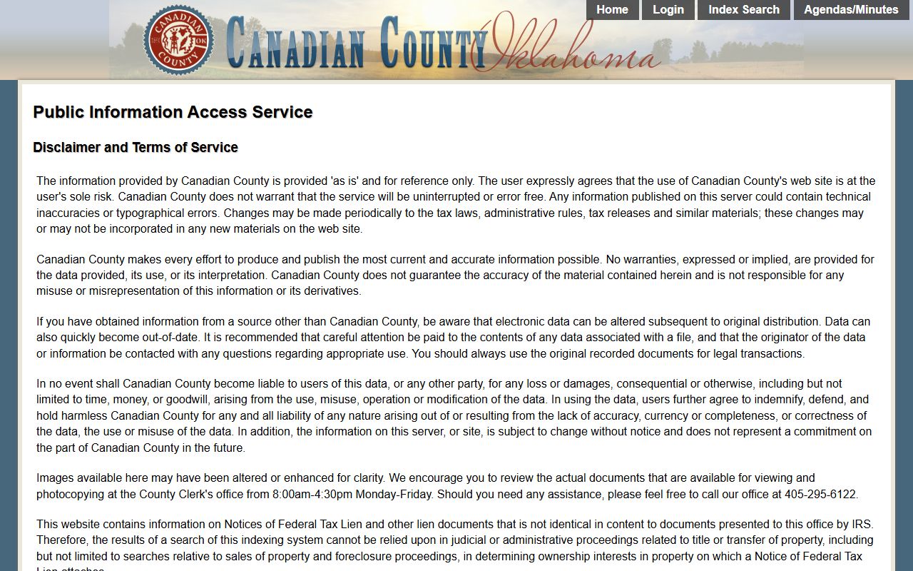 Canadian County public records County Clerk disclaimer for land record access