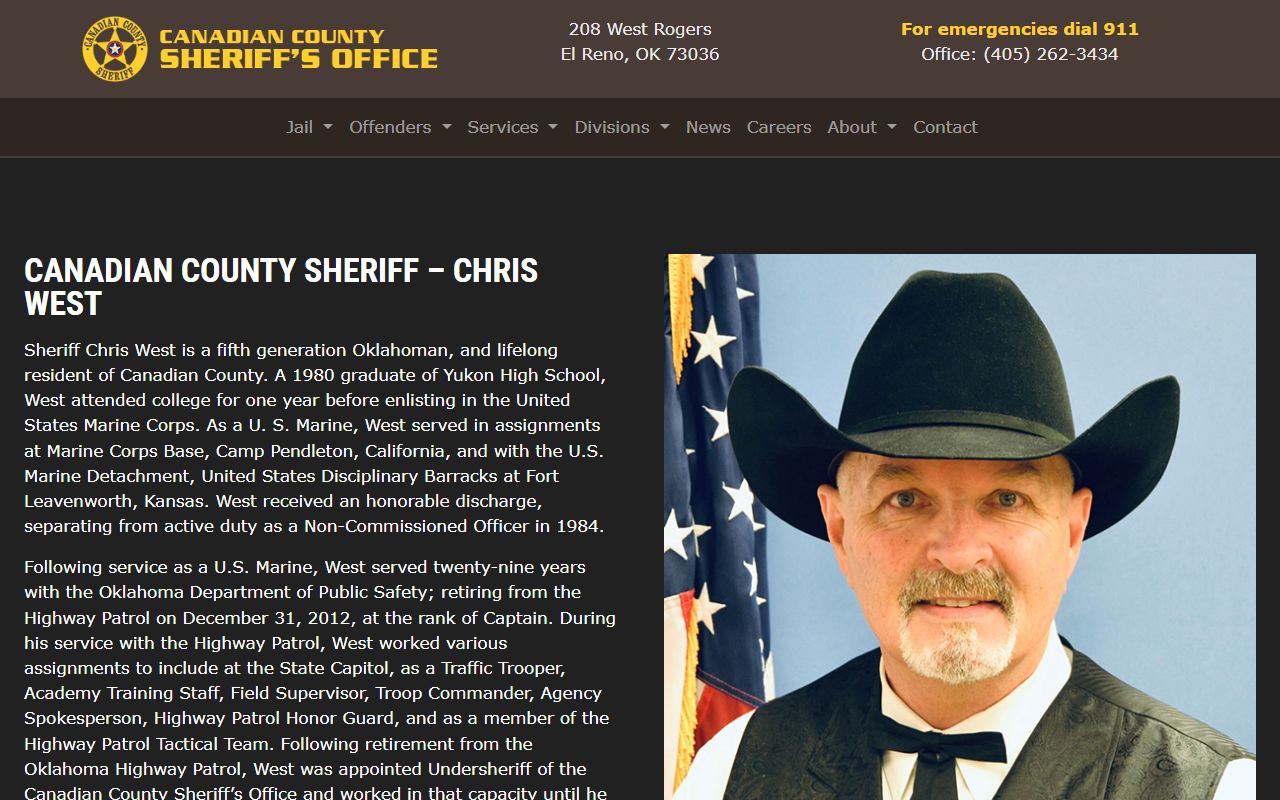 Canadian County released inmates Sheriff Chris West profile page at ccsheriff.net