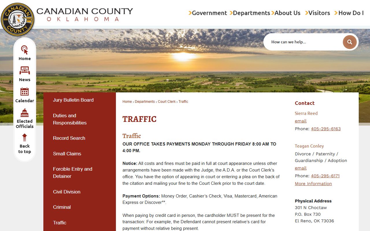Canadian County traffic court records payment options on the Traffic Department page